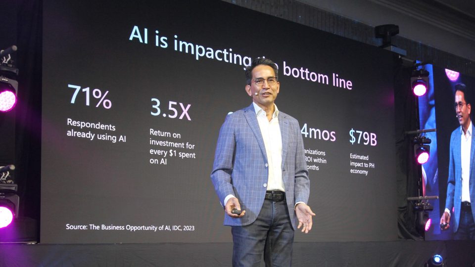 CEO of Microsoft Philippines speaking at Microsoft's AI Summit event in January 2024.