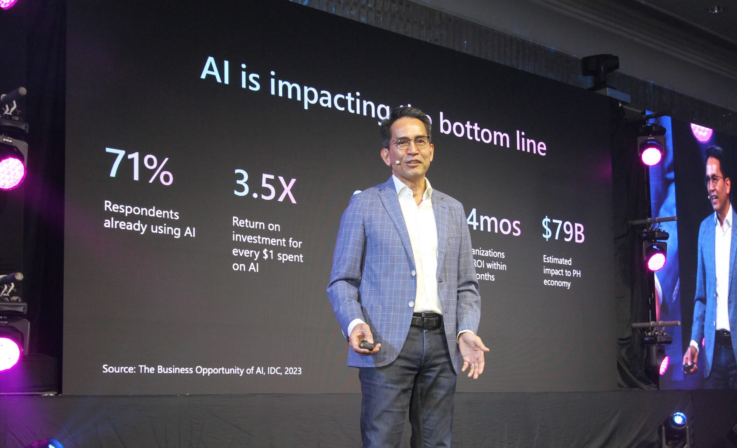 CEO of Microsoft Philippines speaking at Microsoft's AI Summit event in January 2024.