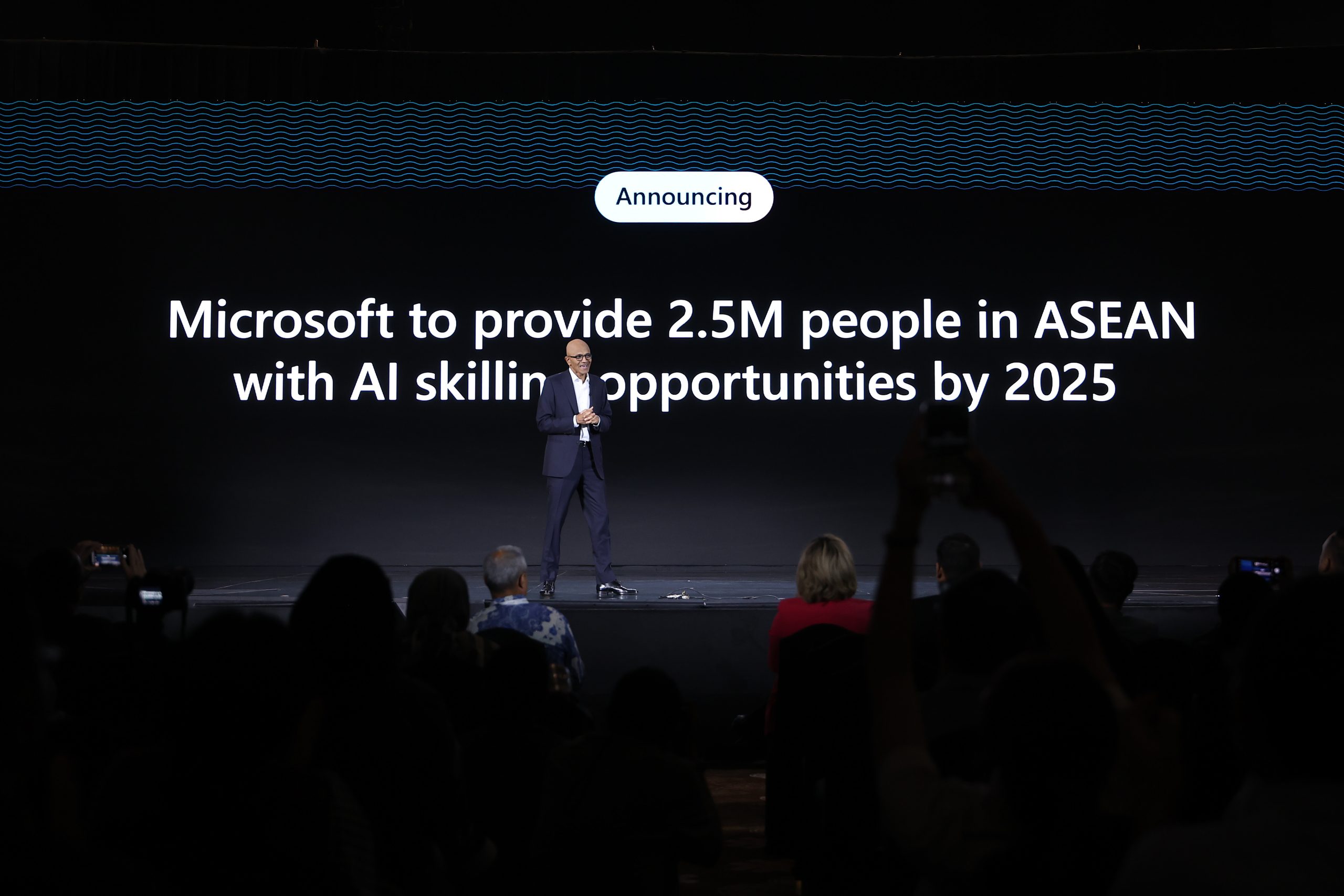 Microsoft Chairman and CEO Satya Nadella announces a new initiative aimed at equipping 2.5 million people with AI skills by 2025 across ASEAN during the Microsoft Build: AI Day on April 30, 2024 in Jakarta, Indonesia. (Photo by Annice Lyn/Getty Images for Microsoft)