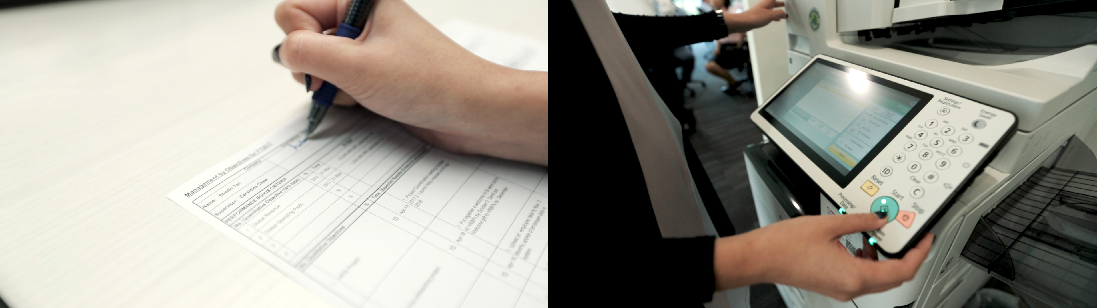 Left, woman’s hand writing on form, right, woman’s hand pressing copy button on copier