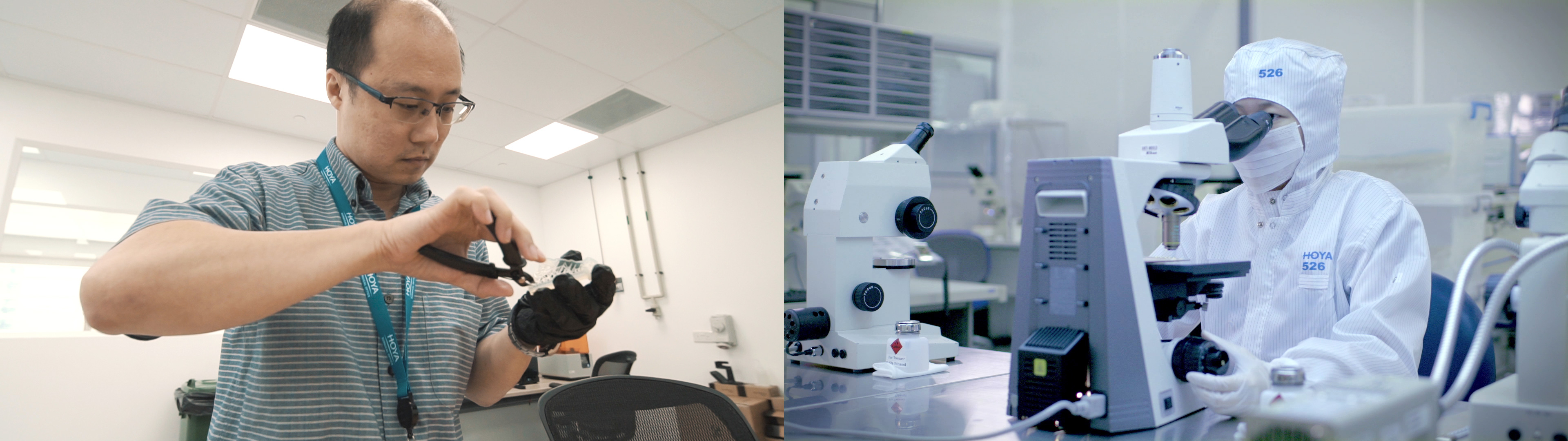 Left, man works on transparent object with pliers, right, staff in lab coat looking into microscope