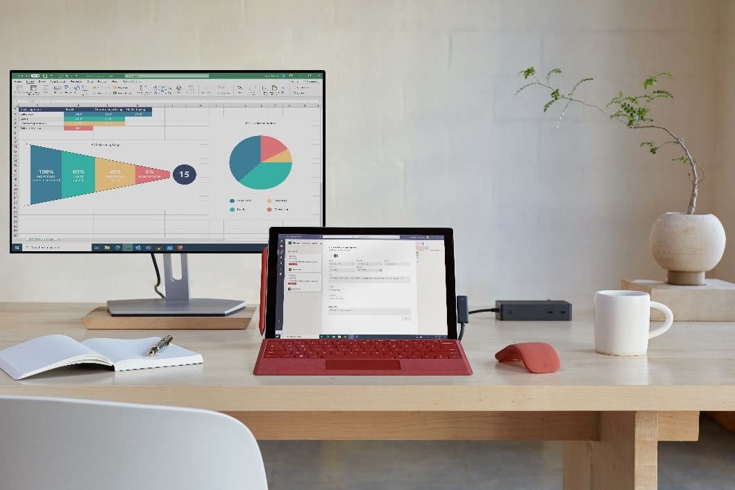 Surface Pro 7+ 商用版可外接显示器，并通过连接所需的外接设备打造完整的工作站体验
