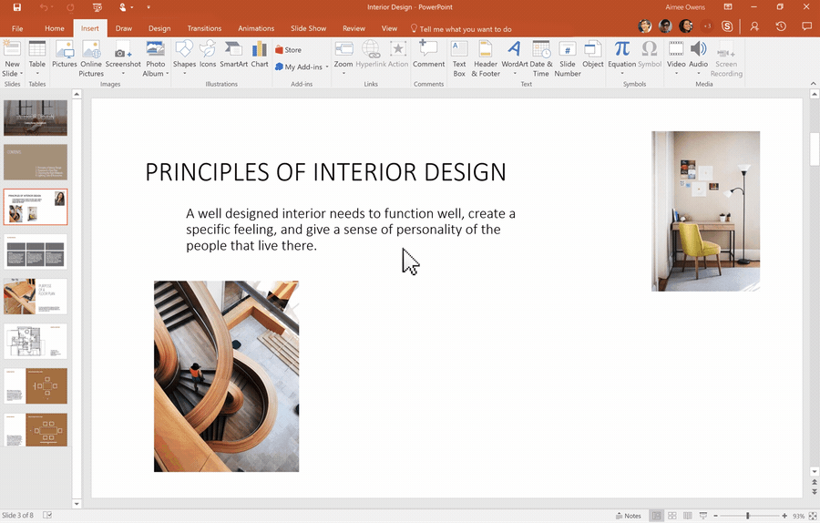 Esimerkki siitä, miten esityksen hiominen onnistuu nykyisin vaivattomasti PowerPoint Designerin avulla.
