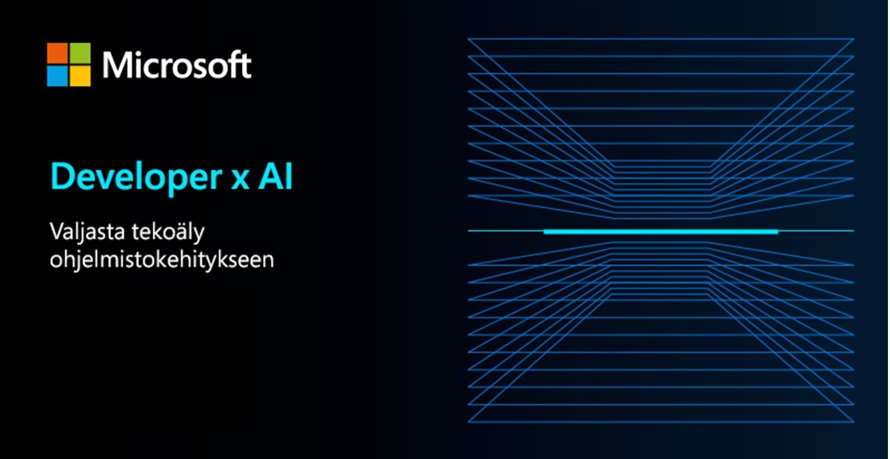 Kuvituskuva, jossa Microsoft-logo ja teksti: "Developer x AI. Valjasta tekoäly ohjelmistokehitykseen".