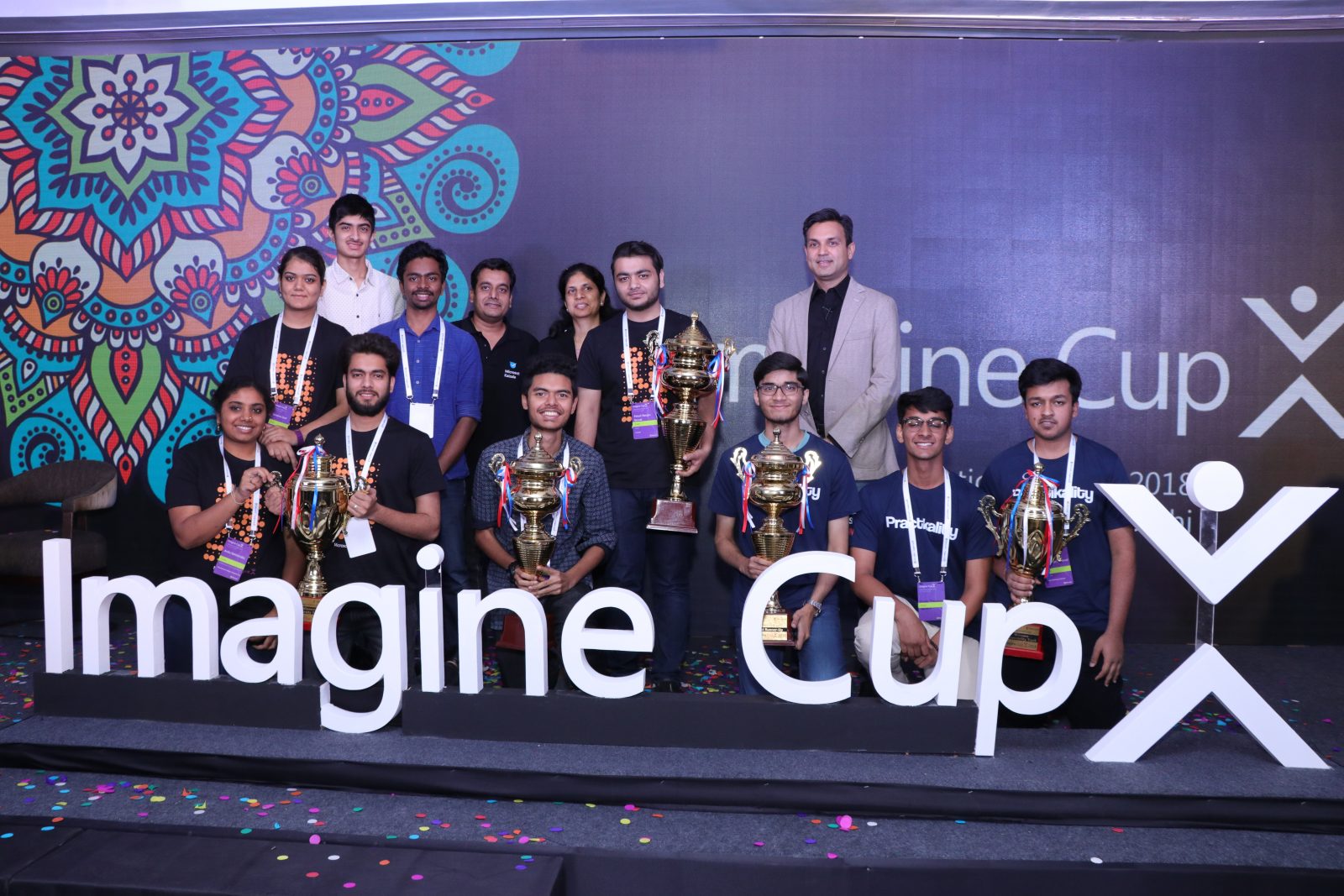 Anant Maheshwari, President, Microsoft India with the winning teams of the 16th edition of Microsoft Imagine Cup India-RealVol, DrugSafe, Practikality and special category winners Mobile Assistive Kit for visually impaired.
