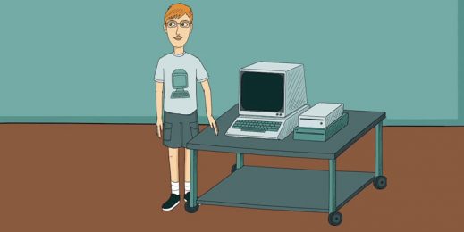 An animated image of a boy standing next to his computer