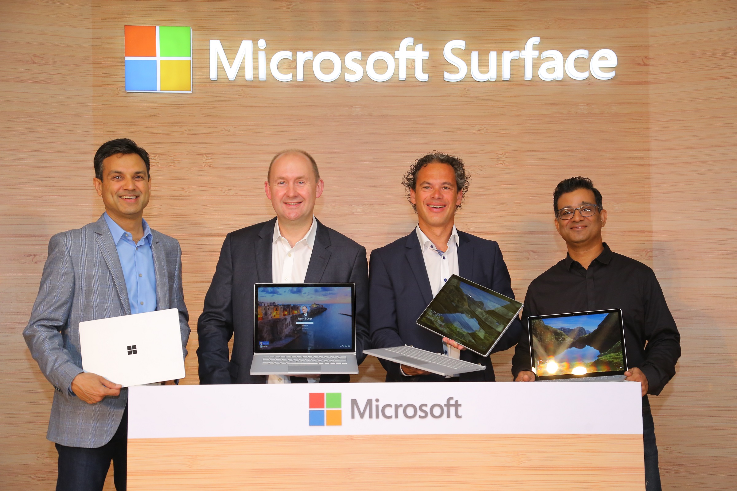 Anant Maheshwari, President, Microsoft India, Jason Trump, Global Black Belt, Surface, Microsoft, Bas Paumen, Director Commercial Channel Programs and Strategy and Priyadarshi Mohapatra, Leader, Consumer & Enterprise Business at the launch of Microsoft Surface Book 2 and Surface Laptop in India.