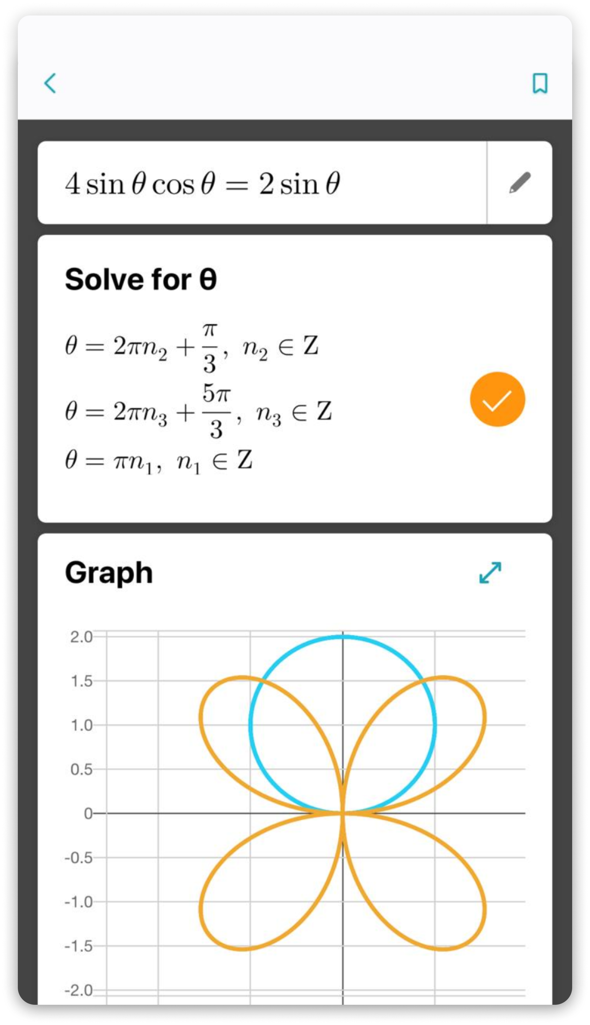 Solving trigonometry equation with interative graph in Microsoft Math Solver App
