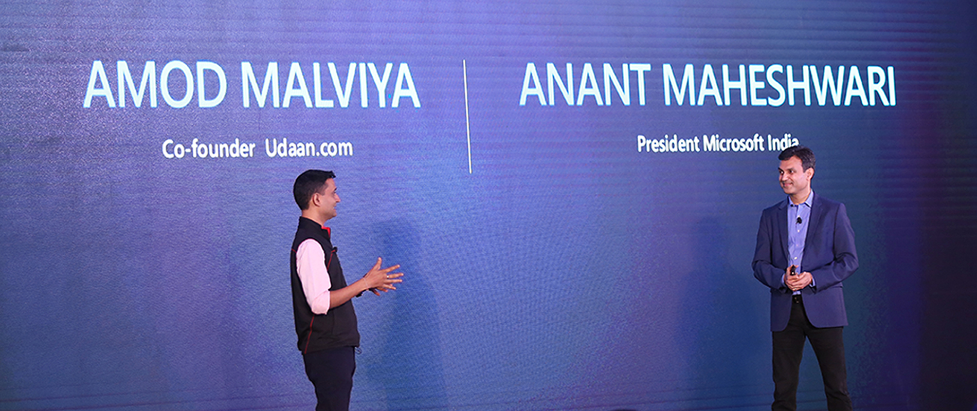 Anant Maheshwari, President, Microsoft India and Amod Malviya, co-founder of Udaan in a conversation at Bengaluru Tech Summit