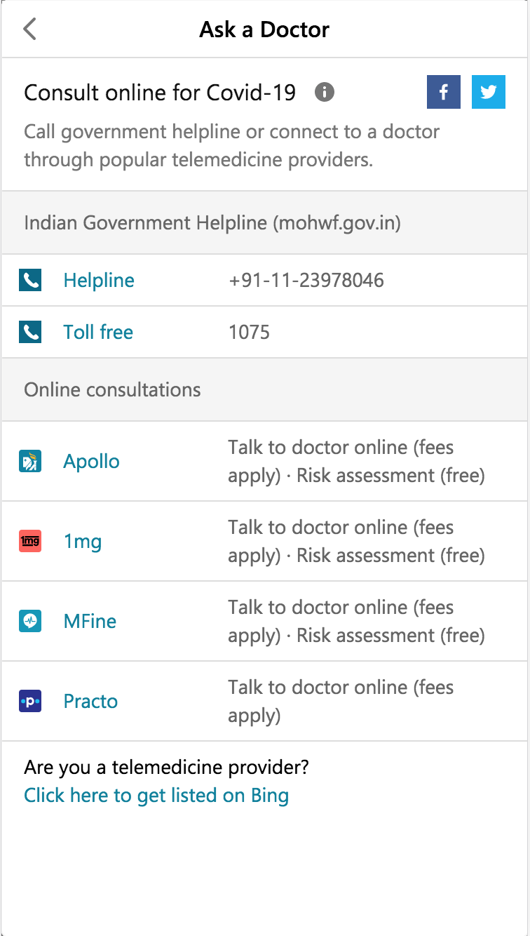 The Telemedicine support hub in Bing’s COVID-19 Tracker offers options for online consultation with leading healthcare service providers in India like Apollo Hospitals, Practo, 1mg, and Mfine, among others. 