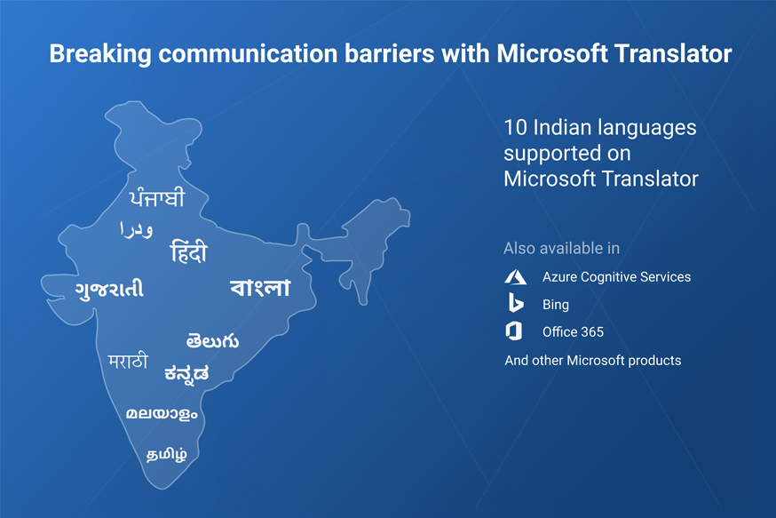 Map of India shows 10 Indian languages that are supported on Microsoft Translator
