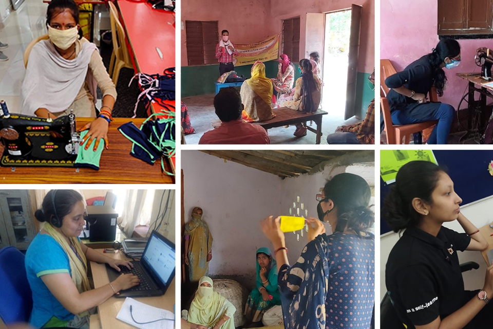 A collage depicting various training sessions in progress, for training women from rural areas about making masks. Employees from AKRSPI, a nonprofit, are conducting on the job and virtual training using laptops.