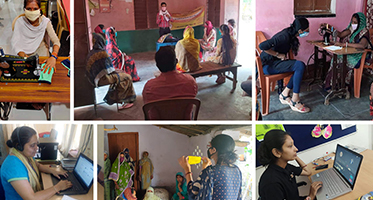 A collage of photos showing women entrepreneurs in rural India making face masks amid COVID-19 crisis