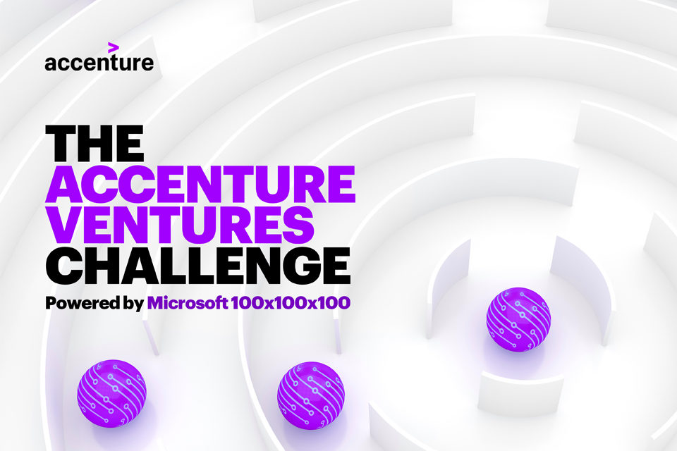 Text reads - The Accenture Ventures Challenge, Powered by Microsoft 100X100X100. Accenture's logo is at the top left of the image.