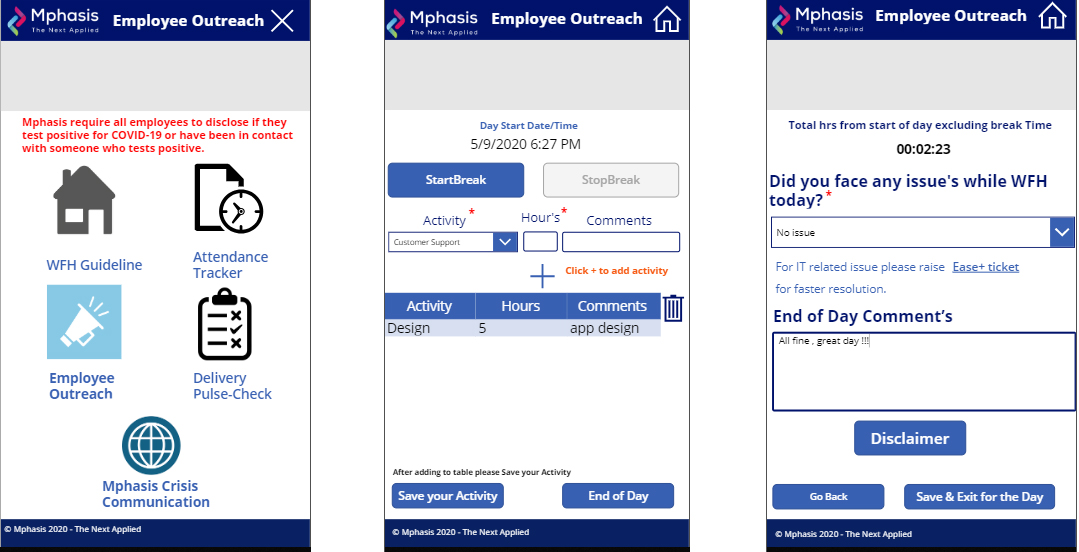 Three screenshots of Emphasis Outreach app, with provisions like WFH guidelines, attendance tracker and crisis communication. Other screens include options to key in activity details and break hours, along with end of day comments that can be redirected to the IT department.
