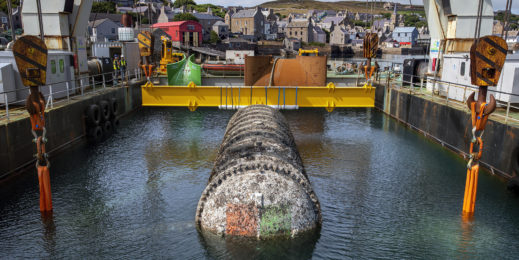 Photo of the Northern Isle datacenter being retrieved from the seafloor off Scotland's Orkney Islands.