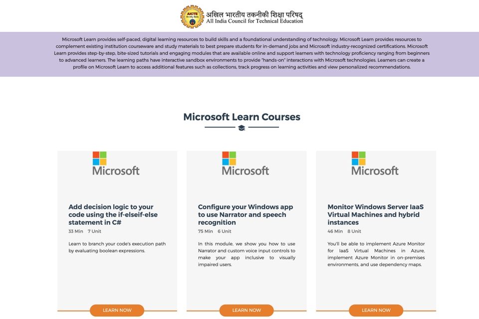 a screenshot of AICTE's learning portal with Microsoft courses
