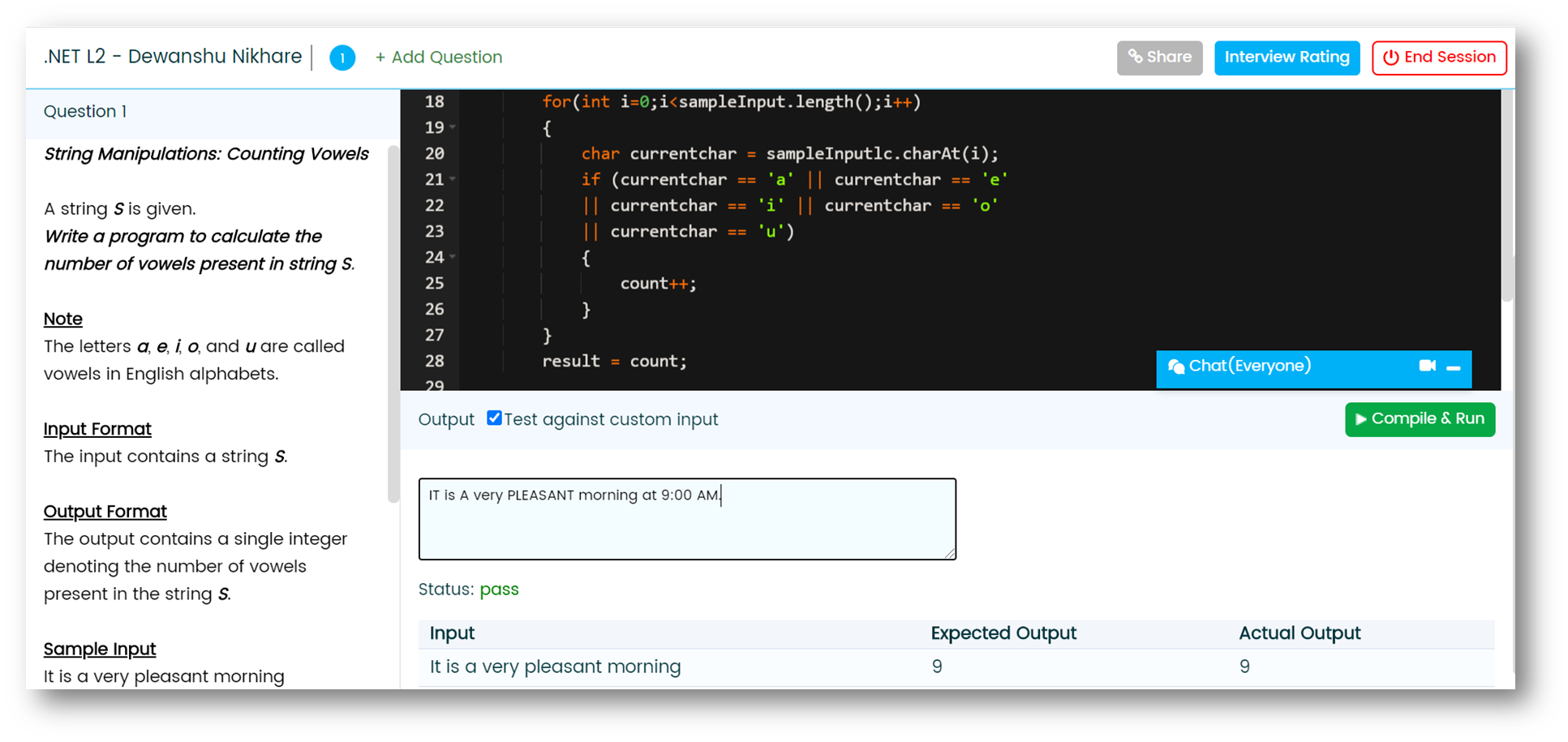 a screenshot of iMocha's live coding platform showing Dewanshu's coding test