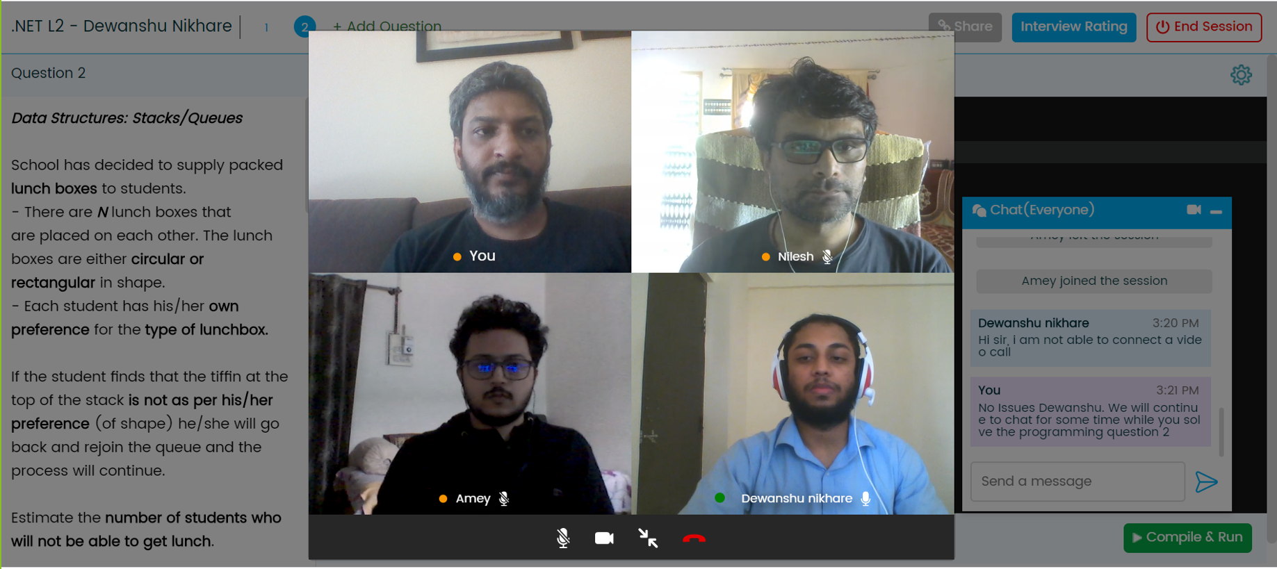 a screenshot of the Live Coding Platform showing Dewanshu engaged in a video call with his interviewers