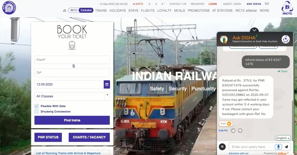 A screenshot of the IRCTC website showing the AI chatbot in action