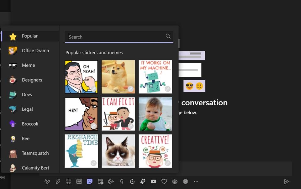 Screenshot of the built-in meme generator on Microsoft Teams