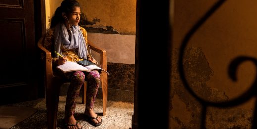 Photo of a girl studying via online classes at her home