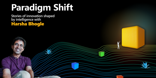 a decorative image for Microsoft's Paradigm Shift Podcast featuring Harsha Bhogle