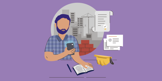 an illustration of a male construction worker studying on his phone with a construction site in the background