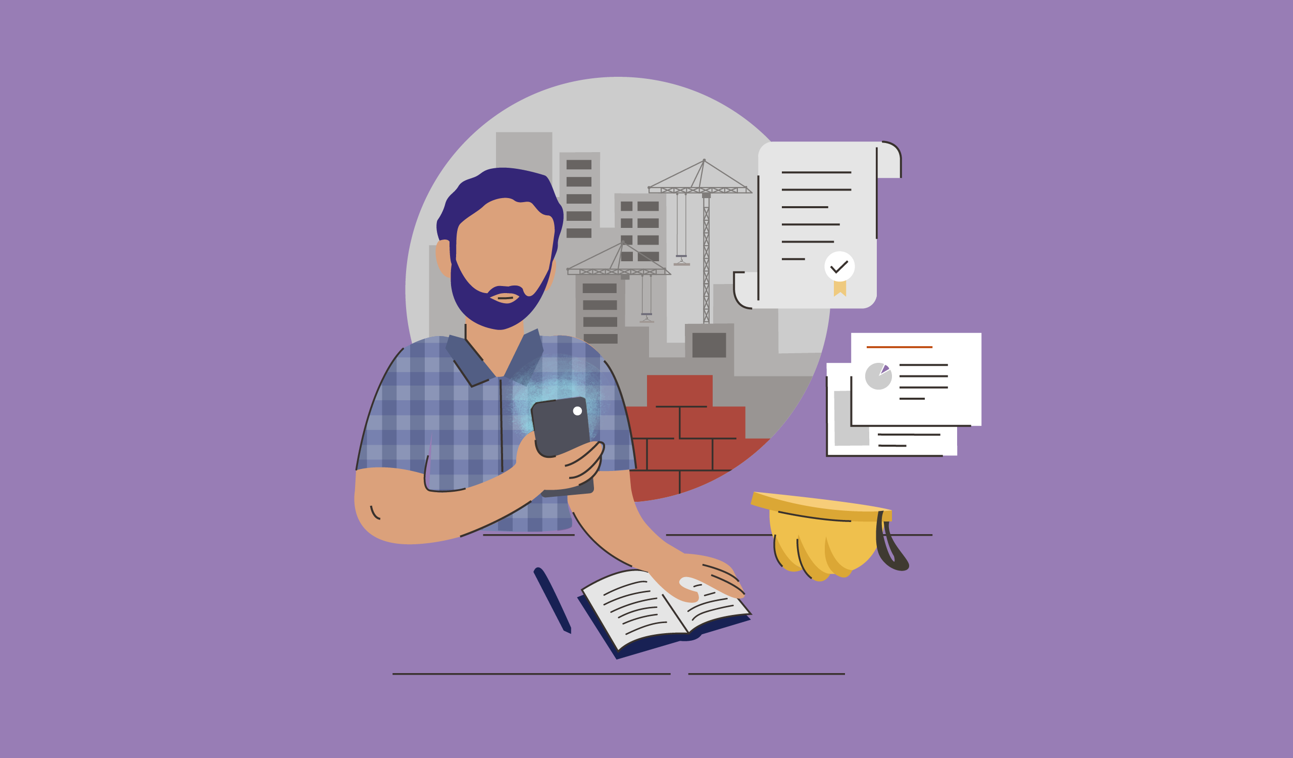 an illustration of a male construction worker studying on his phone with a construction site in the background