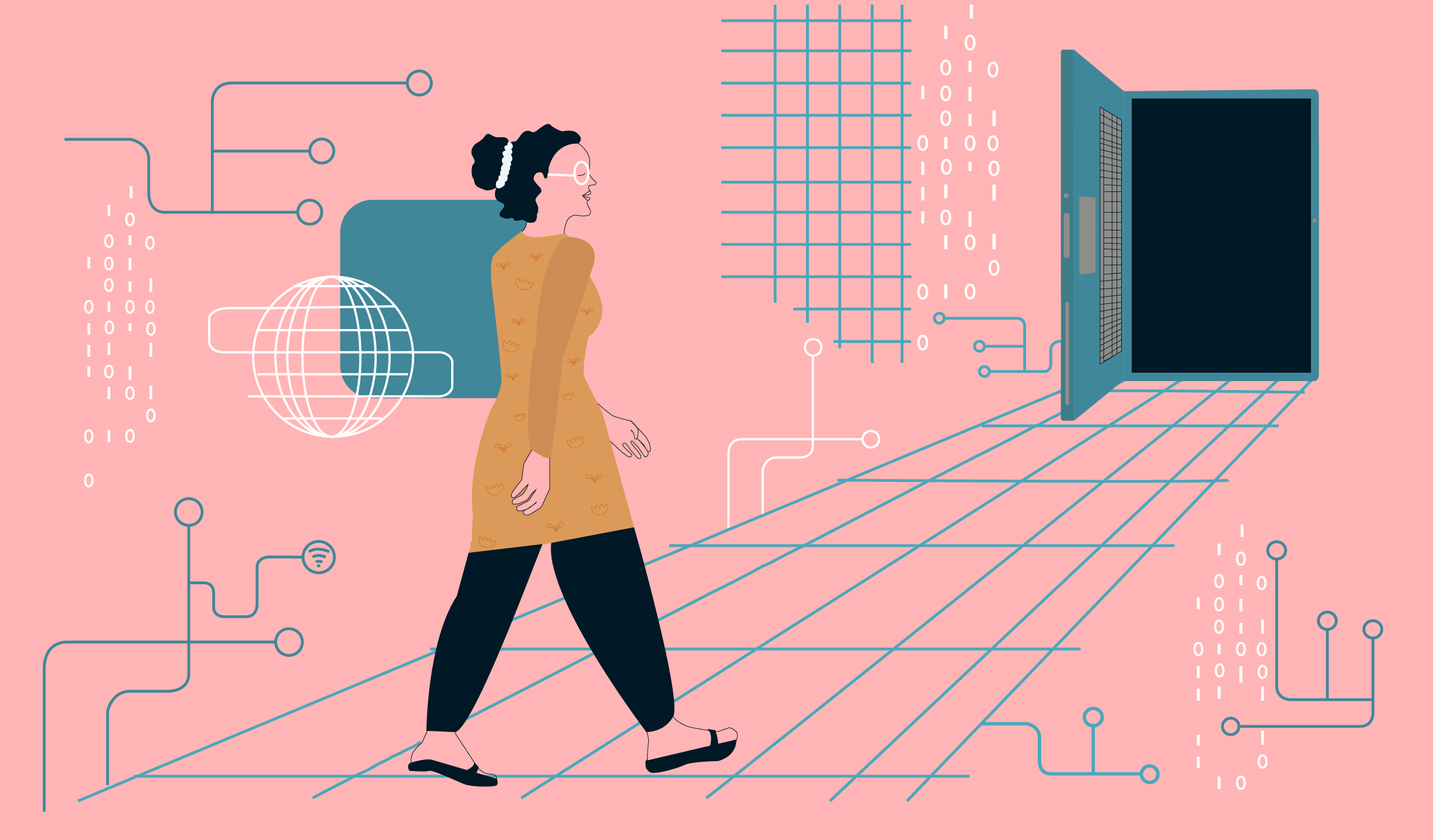 an illustration of a woman engineer walking towards an open door