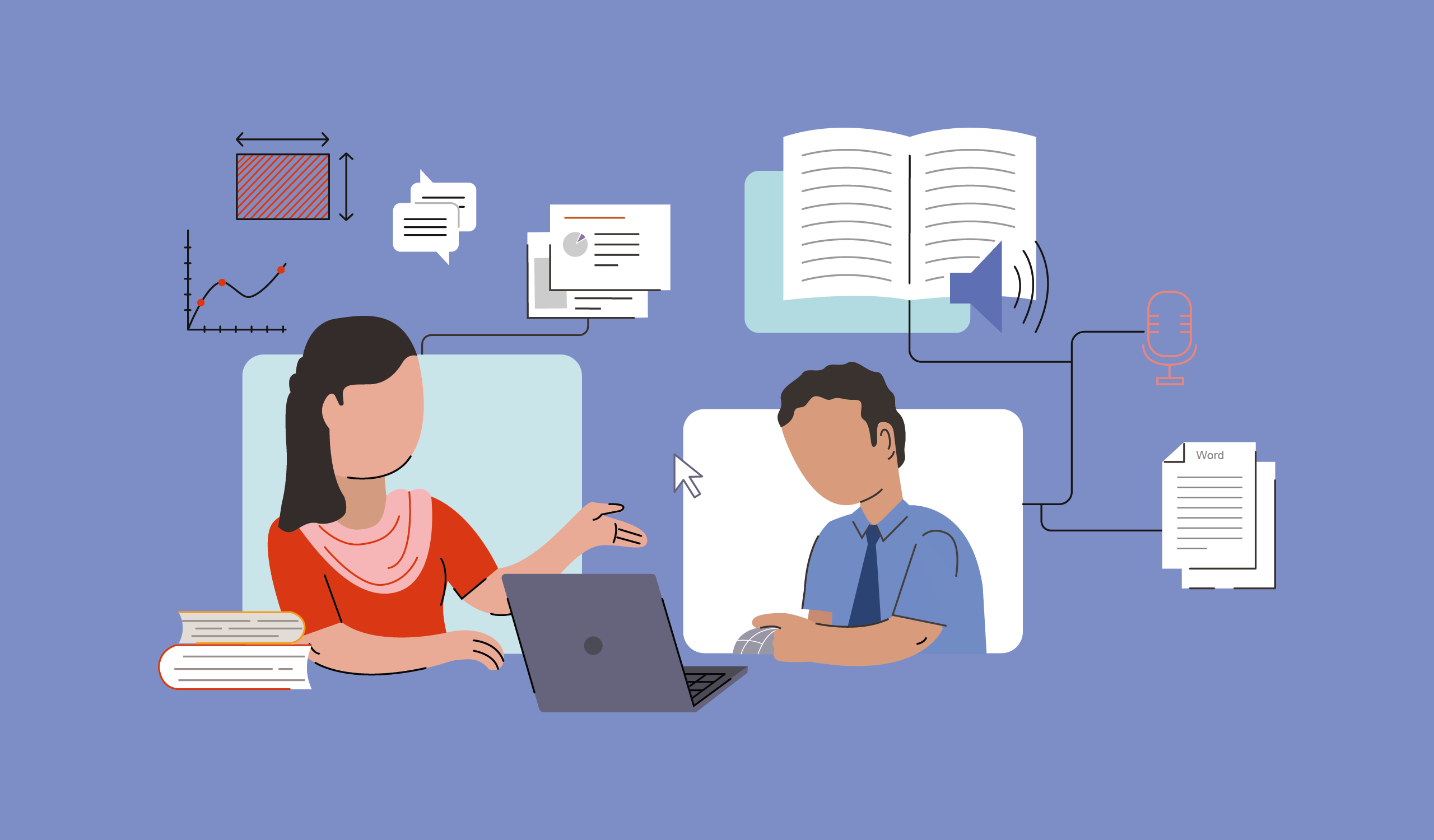 an illustration of a teacher and student using digital solutions for education