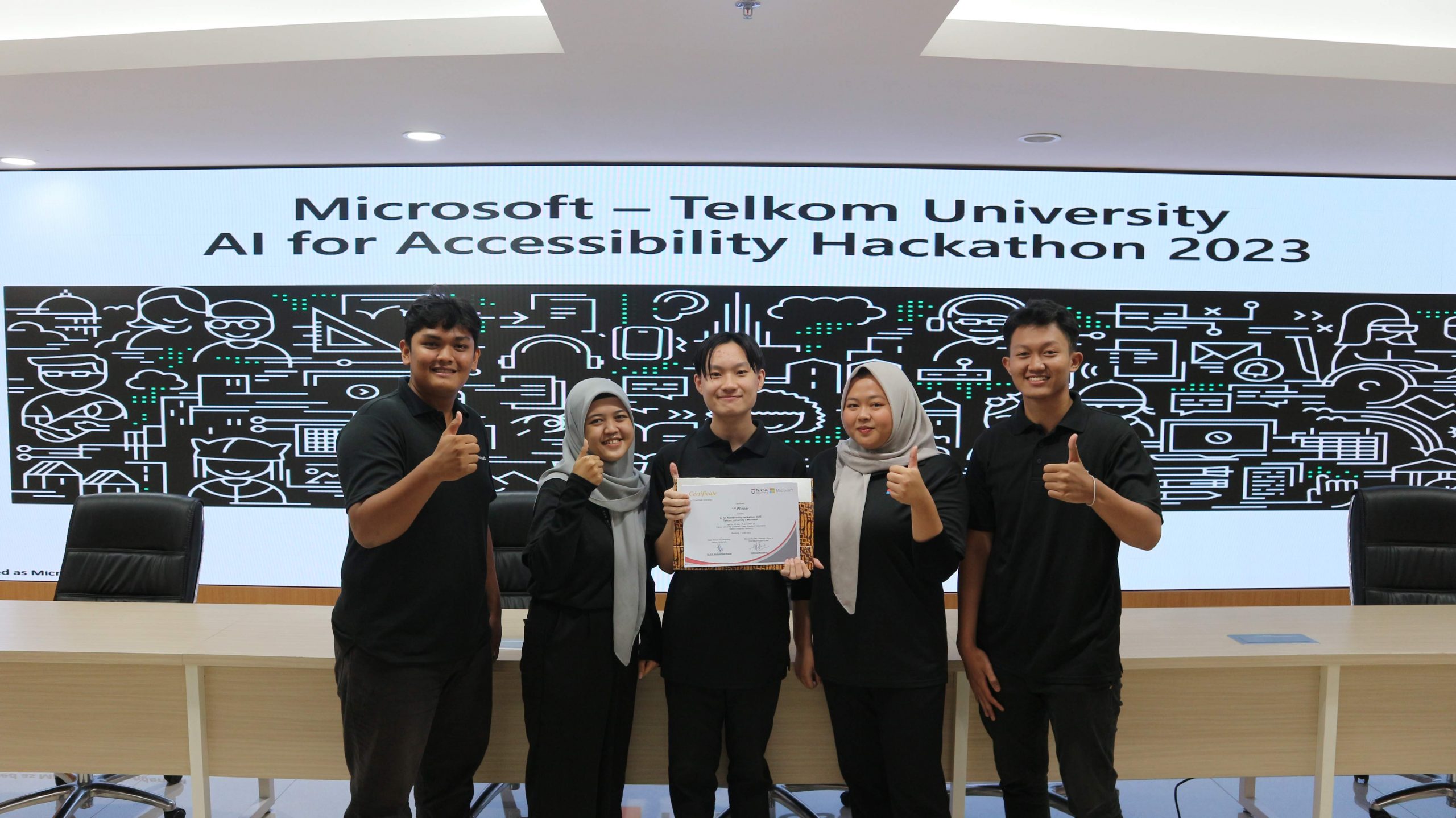 Five students holding a competition certificate after joining Microsoft - Telkom University AI for Accessibility Hackathon 2023