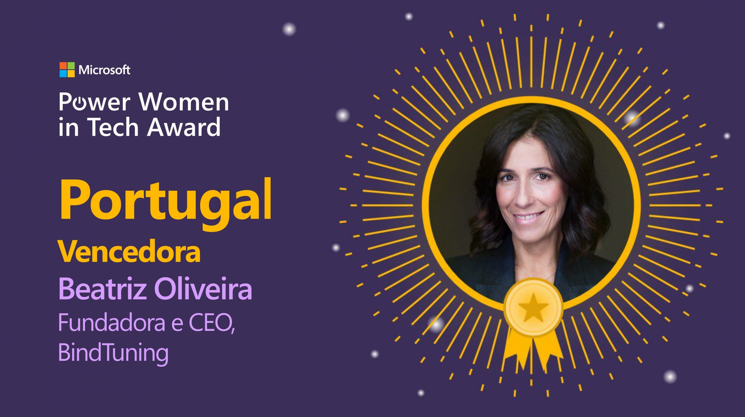 Picture of Beatriz Oliveira, Power Women in Tech Award Winner, on a purple background
