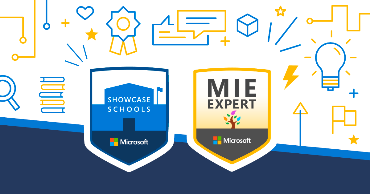 Graphic image of Microsoft Innovative Expert and Microsoft Showcase School logos, side by side, on a white and blue background