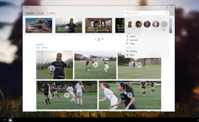 Search: Windows Story Remix leverages AI and deep learning to help search for specific people, places, objects and events.