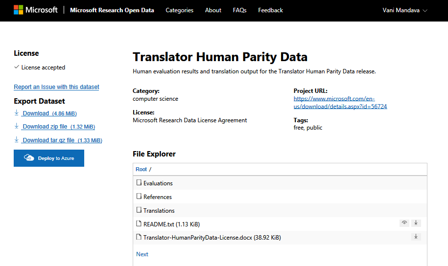 Скриншот Набор данных в Microsoft Research Open Data.