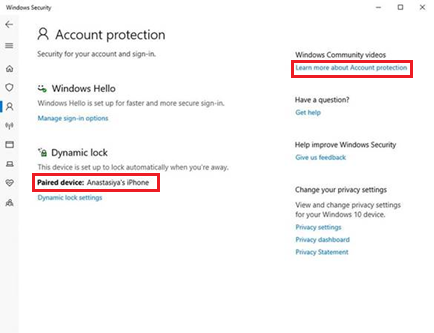Снимок страницы защиты аккаунта Windows