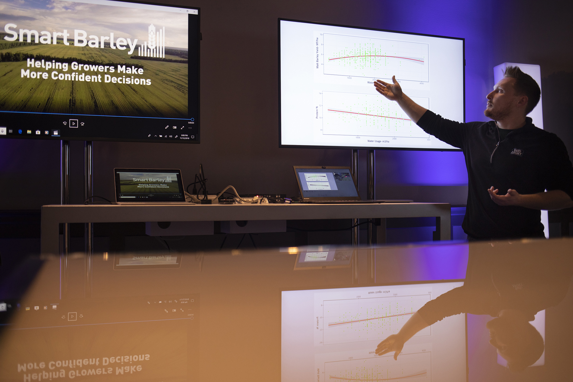 Эндрю Грин, глобальный директор по инновациям в Anheuser-Busch InBev, демонстрирует SmartBarley на Conversations on AI в Сан-Франциско. Фото: John Brecher для Microsoft.