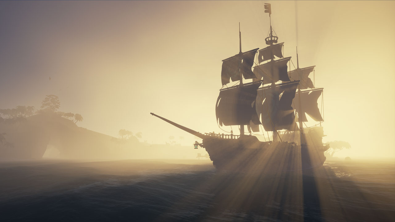 Корабль в тумане. Сцена из игры Sea of Thieves с бесплатным обновлением Shrouded Spoils