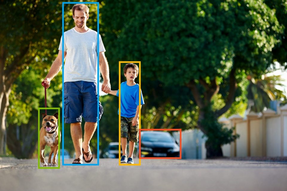 НА фото выделены объекты ,которые распознала система: мужчина .ребенок, собака, машина