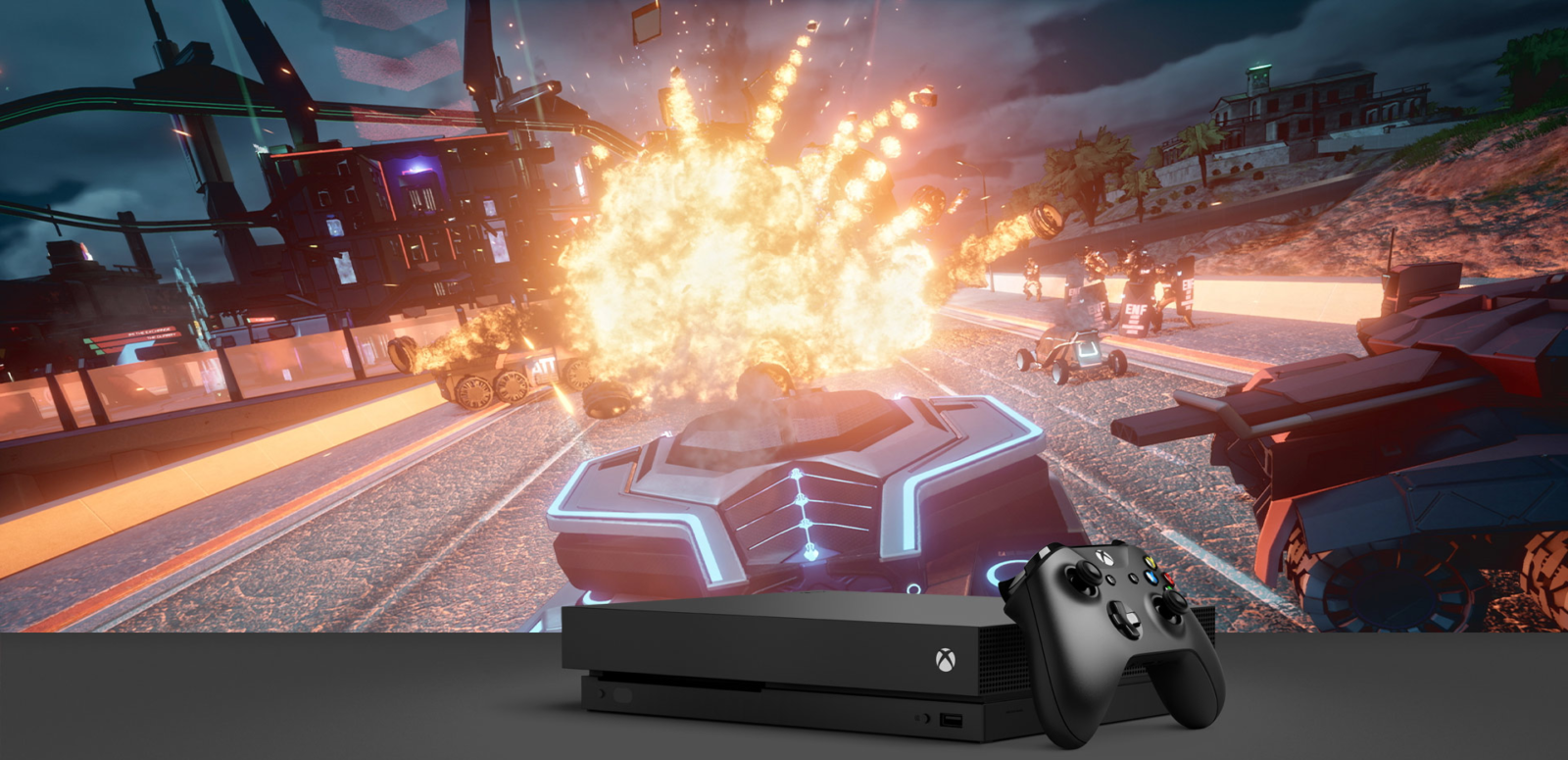 Кадр из игры Crackdown 3 и консоль Xbox One X