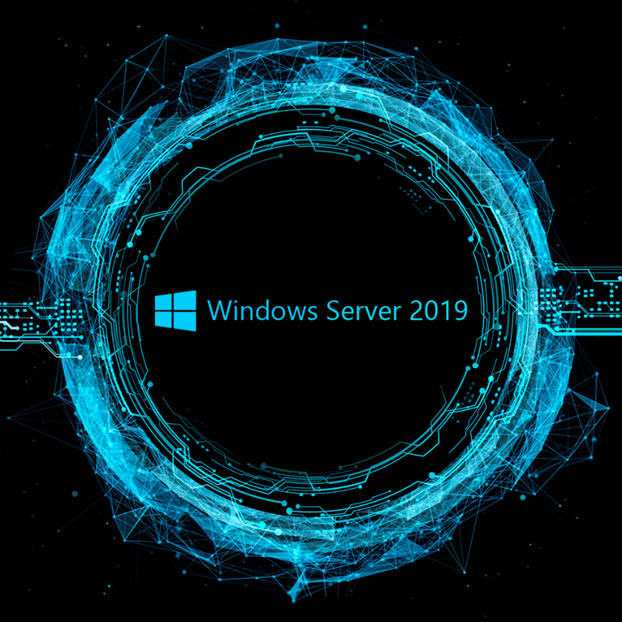 Стилизованный логотип Windows Server 2019 на черном фоне