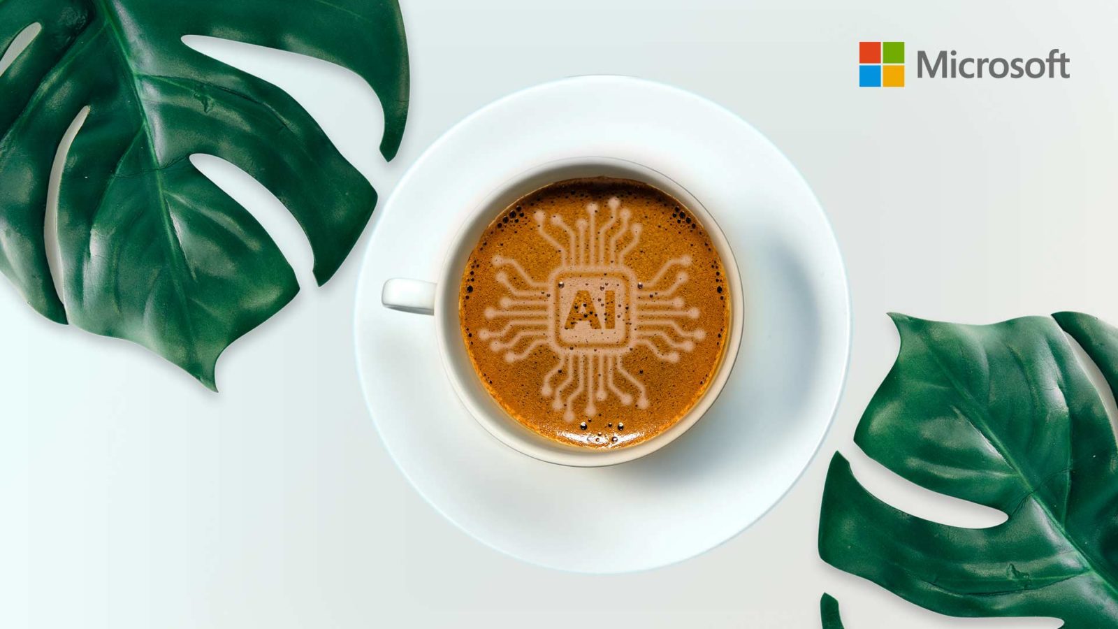 Чашка кофе с надписью AI и лситья - формление меропряития мероприятии «Цифровая трансформация индустрии кофе»