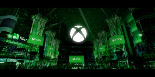 Логотип Xbox на фоне стилизованного черно-зеленого города - баннер к выставке E3