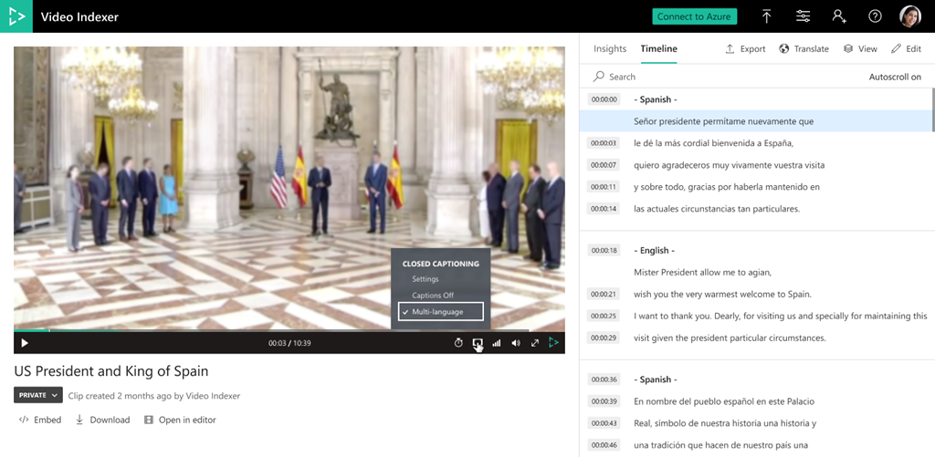 Снимок экрана: транскрибирование содержимого на нескольких языках