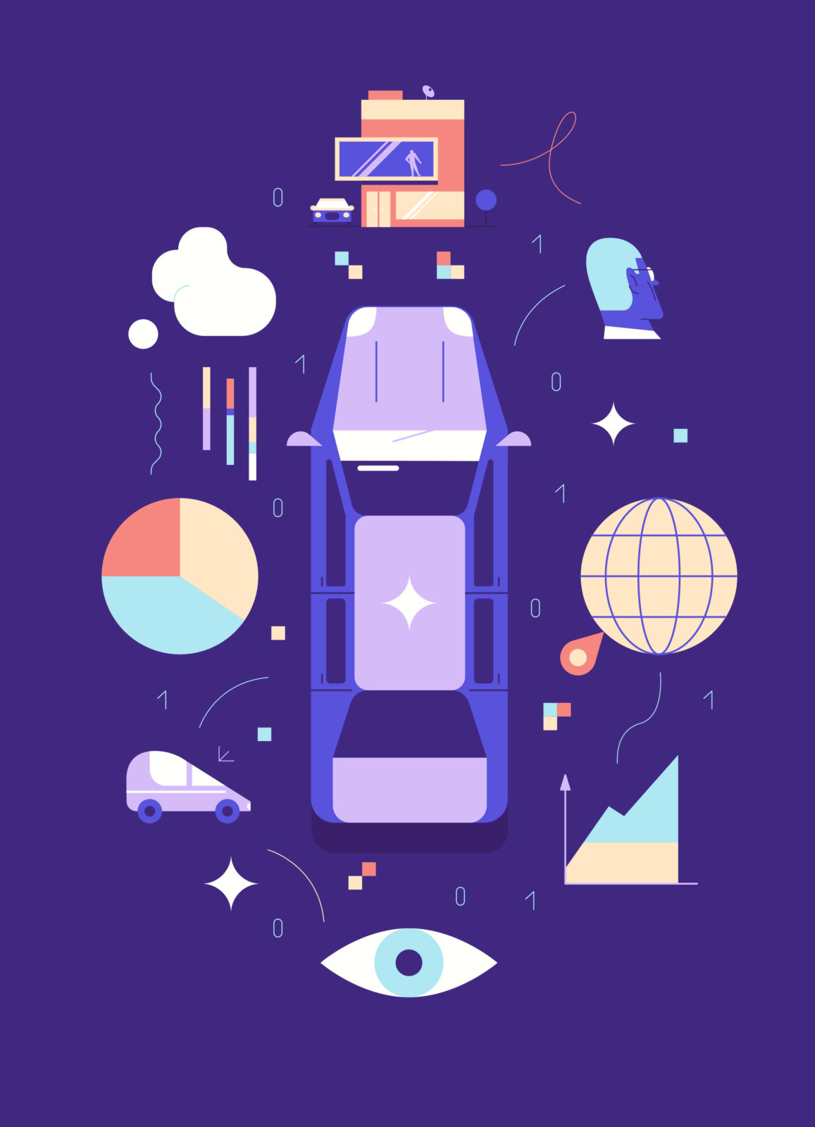 Иллюстрация на тему работы Microsoft в автомобильной индустрии - машина, а вокруг графики и облака