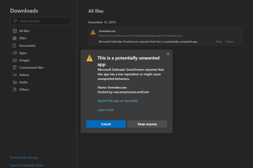 Снимок экрана: уведомление Microsoft Edge о загрузке потенциально нежелательных приложений