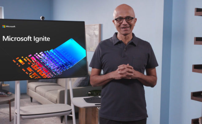 Сатья Наделла, глава Microsoft, виртуально выступает на конференции Microsoft Ignite 2020