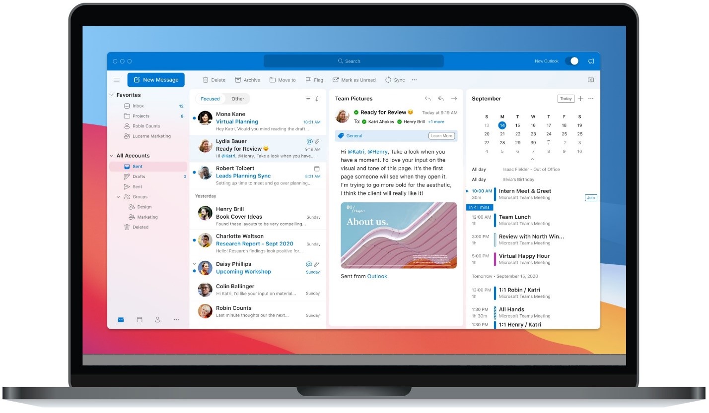 Снимок экрана: новый Outlook для Mac