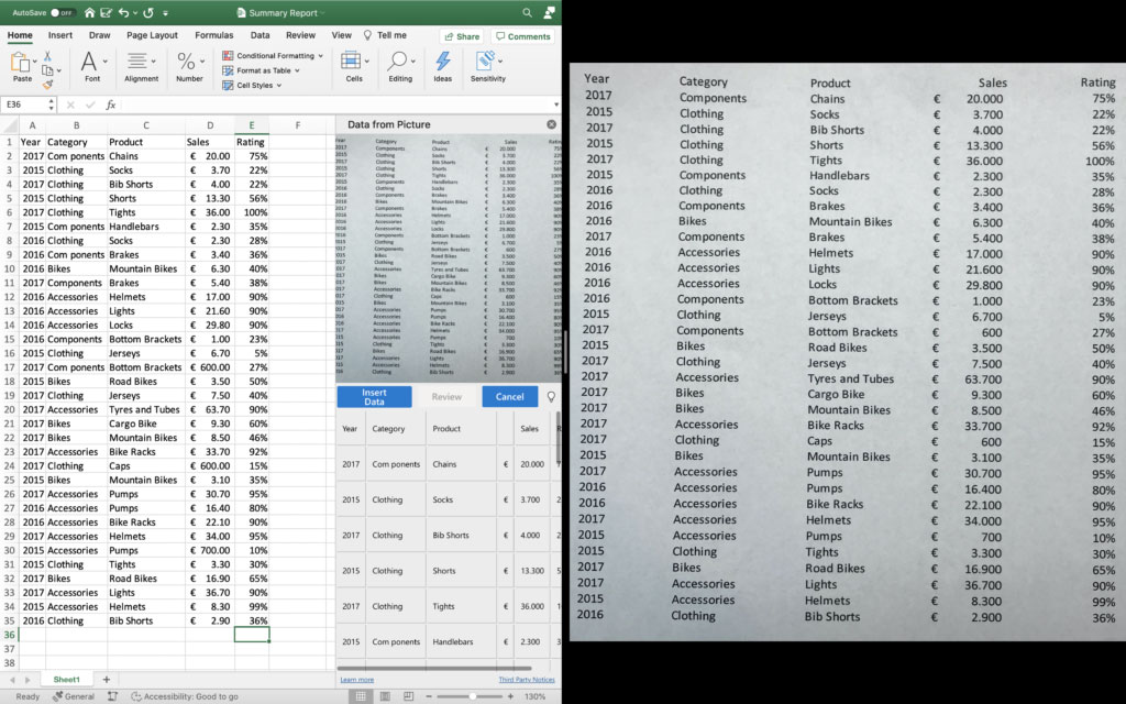 Снимок экрана Перевод данных таблиц из фотографий в Excel